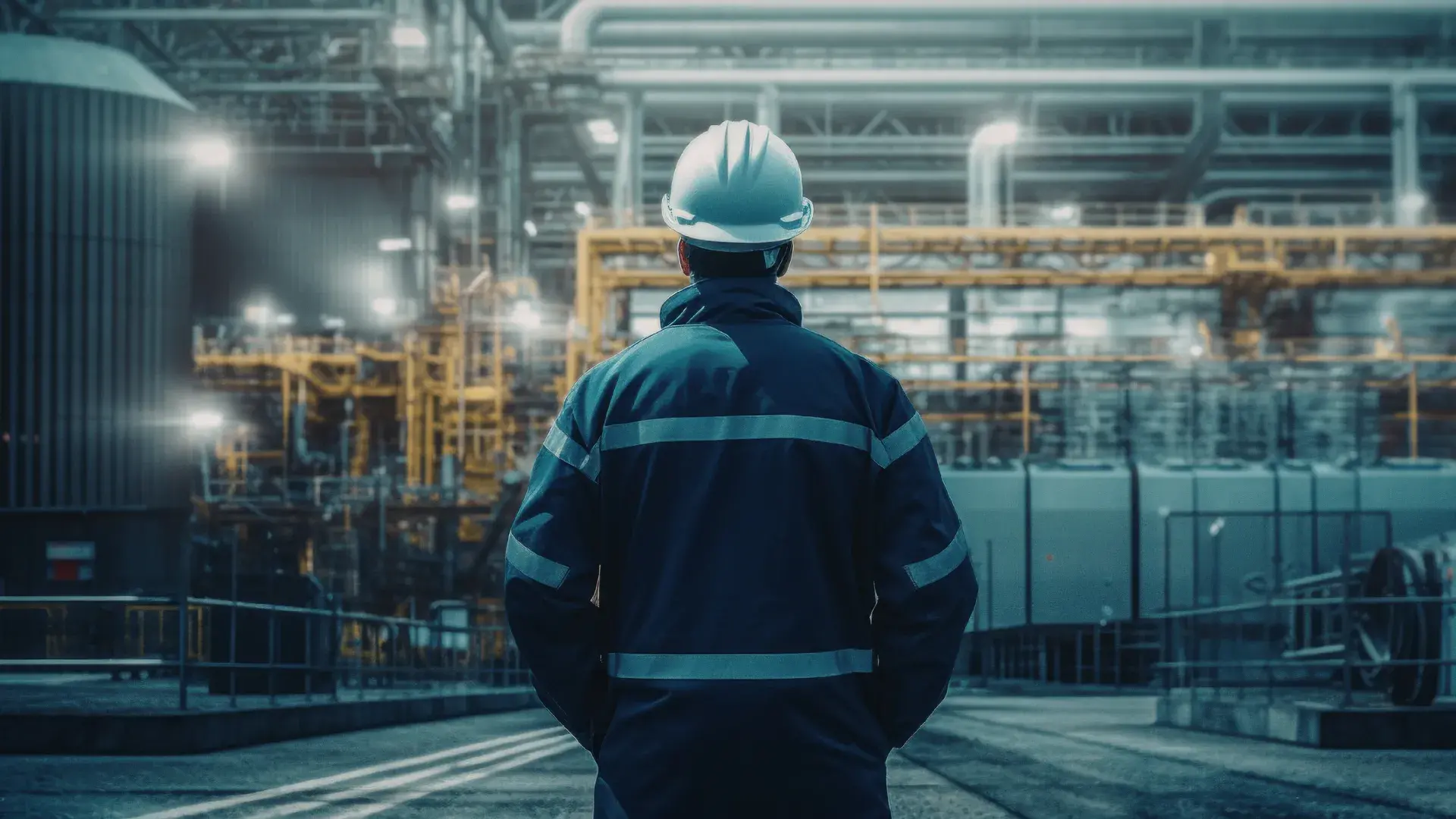 Opérateur qualifié de dos face à un site de production pour une mission de nettoyage industriel
